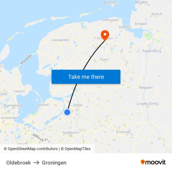 Oldebroek to Groningen map