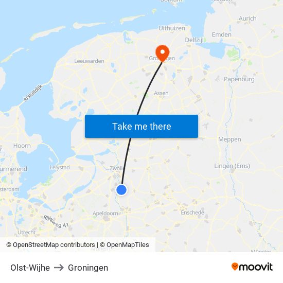 Olst-Wijhe to Groningen map