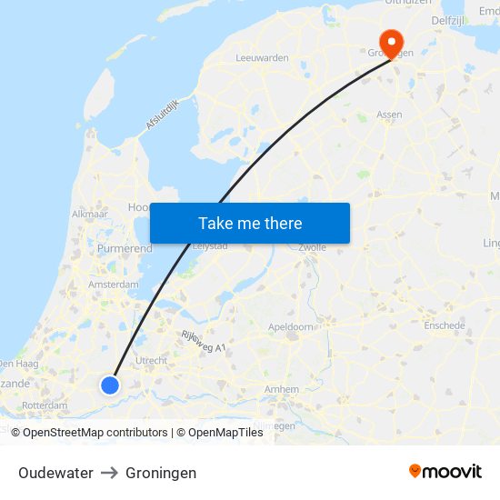 Oudewater to Groningen map