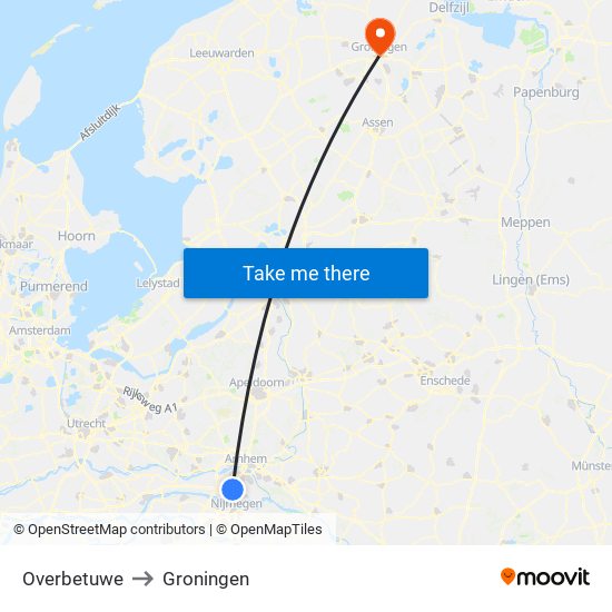 Overbetuwe to Groningen map