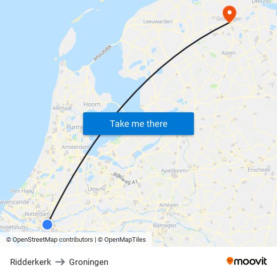 Ridderkerk to Groningen map