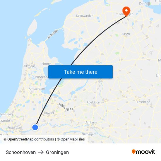 Schoonhoven to Groningen map