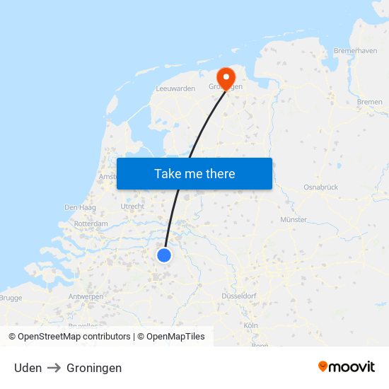 Uden to Groningen map