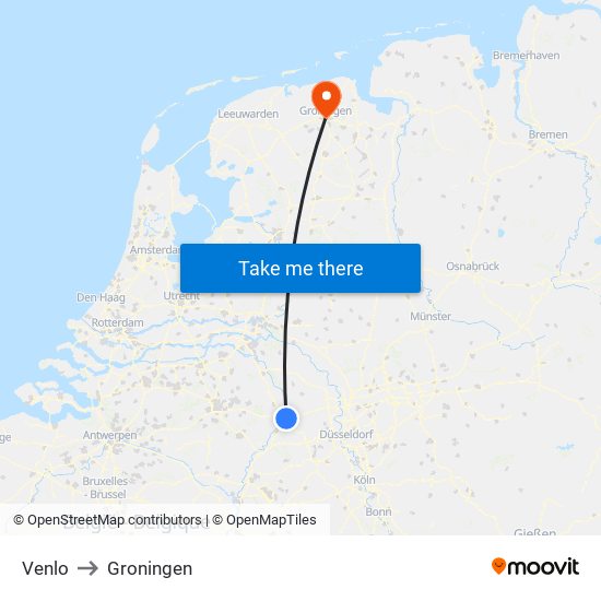 Venlo to Groningen map