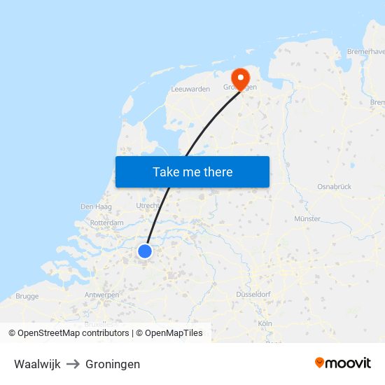 Waalwijk to Groningen map