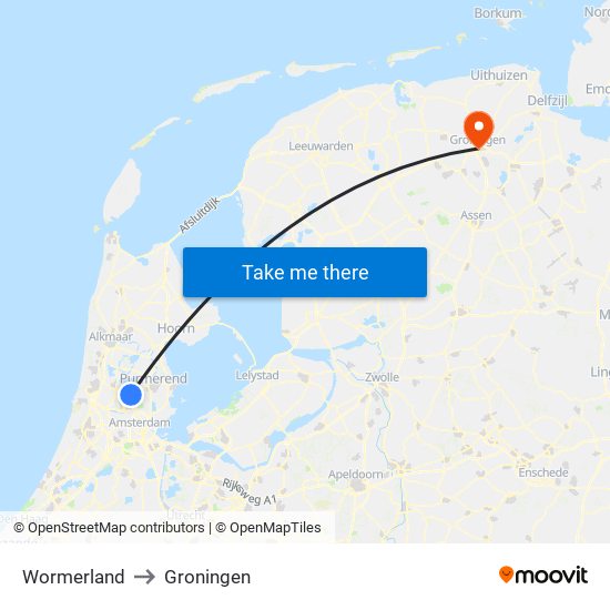 Wormerland to Groningen map