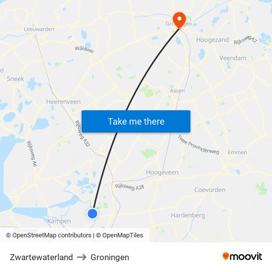 Zwartewaterland to Groningen map