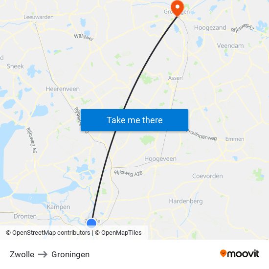 Zwolle to Groningen map