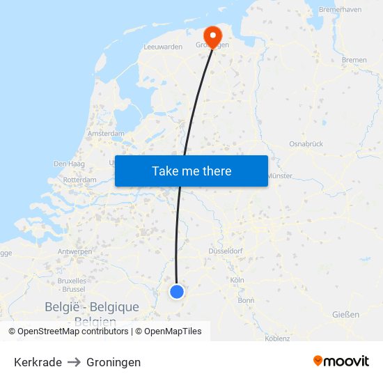 Kerkrade to Groningen map