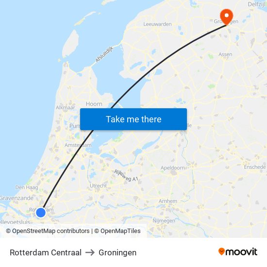 Rotterdam Centraal to Groningen map