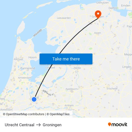 Utrecht Centraal to Groningen map