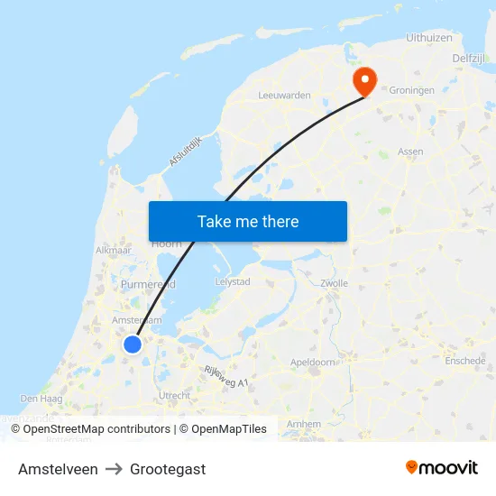 Amstelveen to Grootegast map