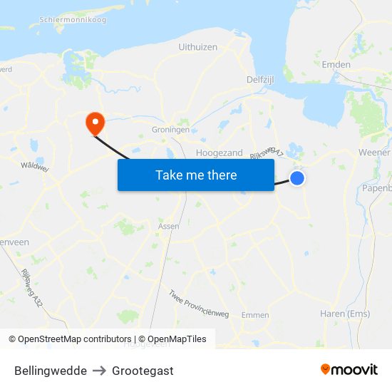 Bellingwedde to Grootegast map