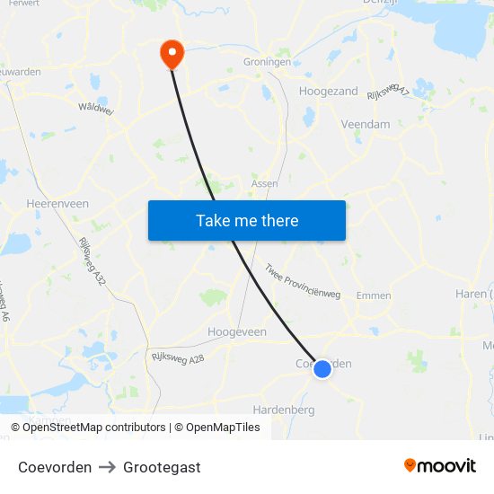 Coevorden to Grootegast map