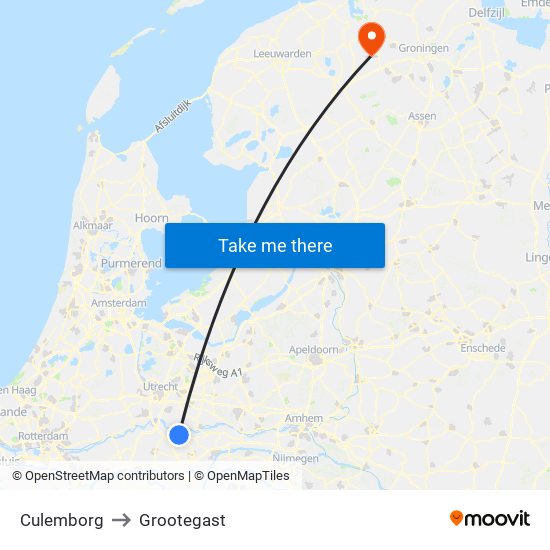 Culemborg to Grootegast map