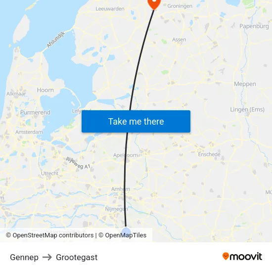 Gennep to Grootegast map