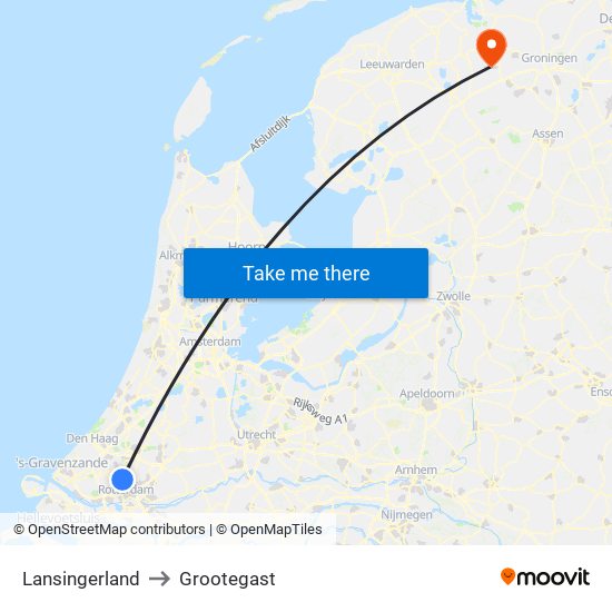 Lansingerland to Grootegast map