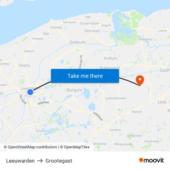 Leeuwarden to Grootegast map