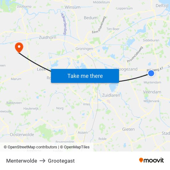 Menterwolde to Grootegast map