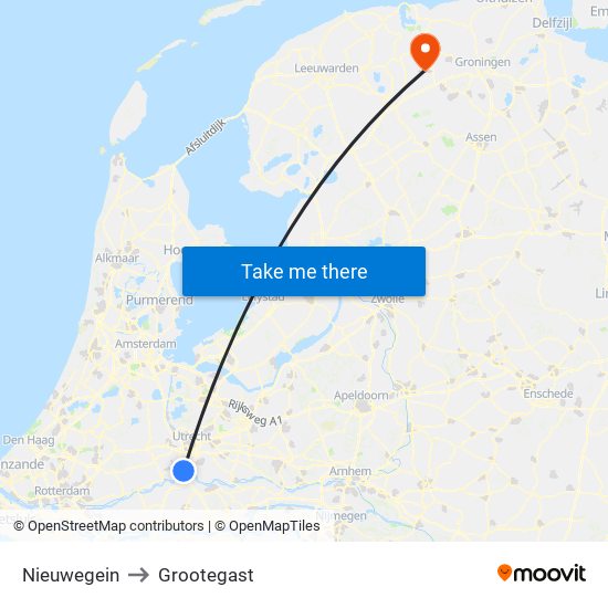 Nieuwegein to Grootegast map