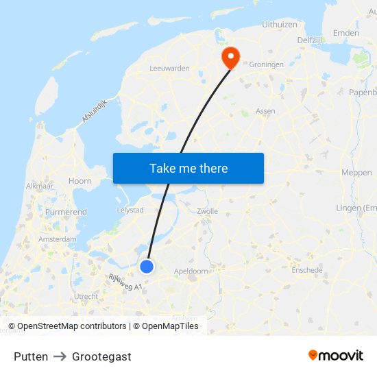 Putten to Grootegast map