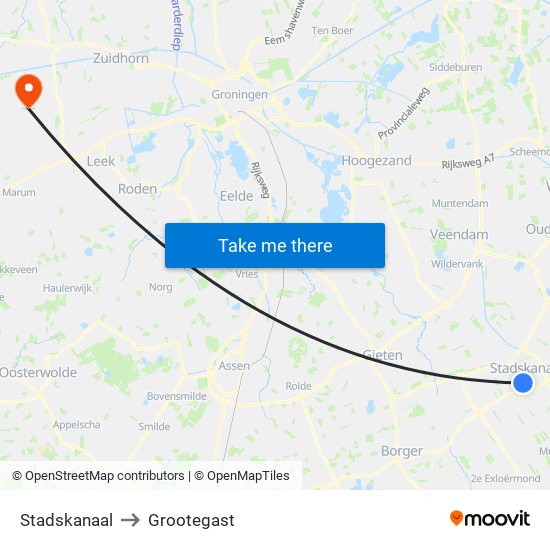 Stadskanaal to Grootegast map