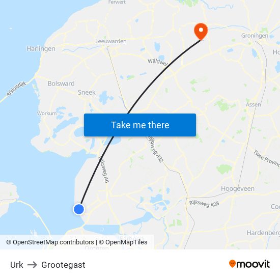 Urk to Grootegast map