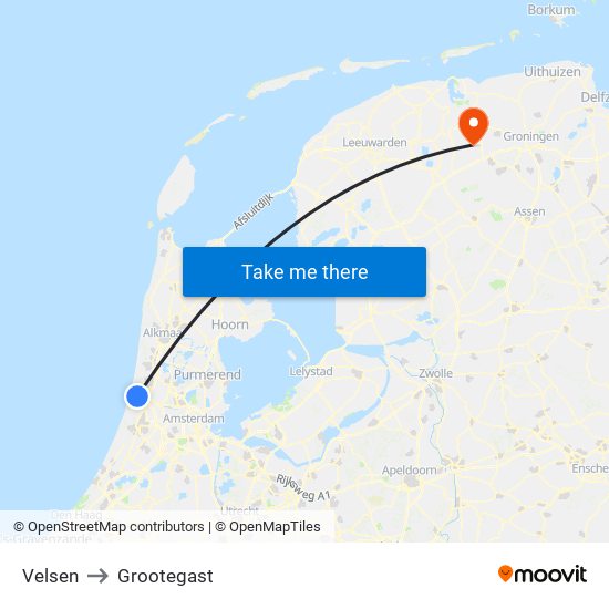 Velsen to Grootegast map