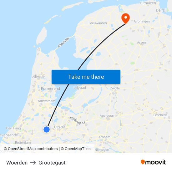 Woerden to Grootegast map