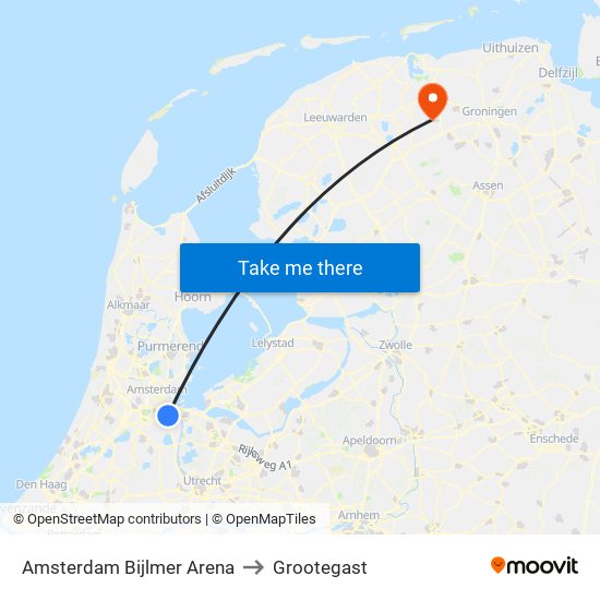 Amsterdam Bijlmer Arena to Grootegast map