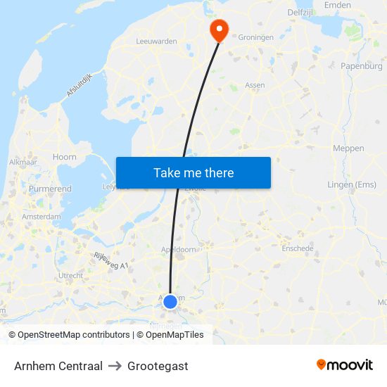 Arnhem Centraal to Grootegast map