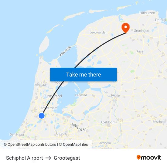 Schiphol Airport to Grootegast map