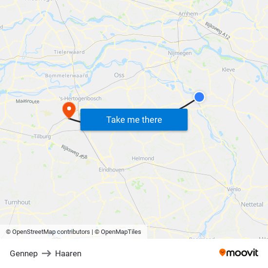 Gennep to Haaren map