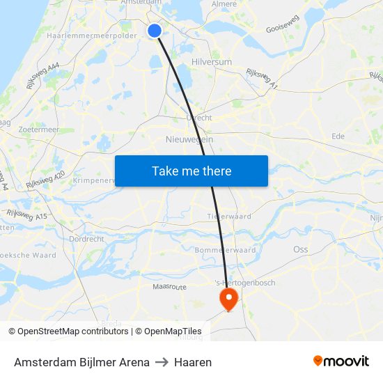 Amsterdam Bijlmer Arena to Haaren map