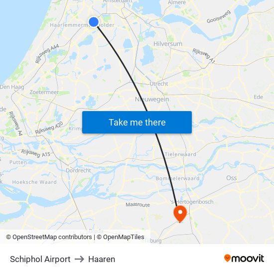 Schiphol Airport to Haaren map