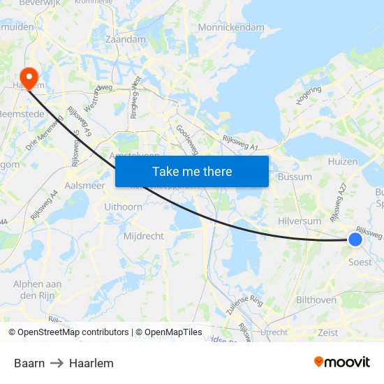 Baarn to Haarlem map