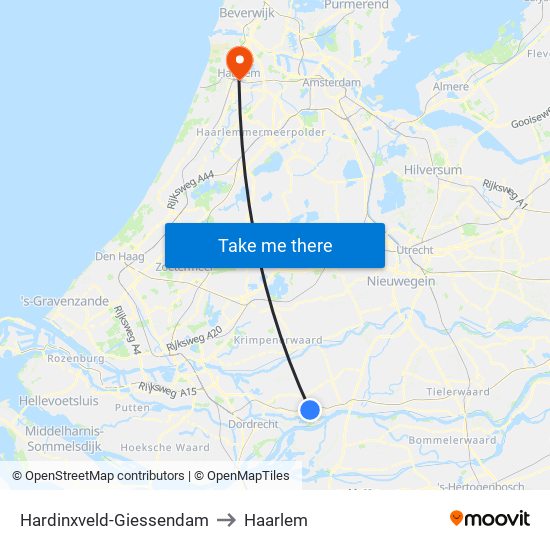 Hardinxveld-Giessendam to Haarlem map