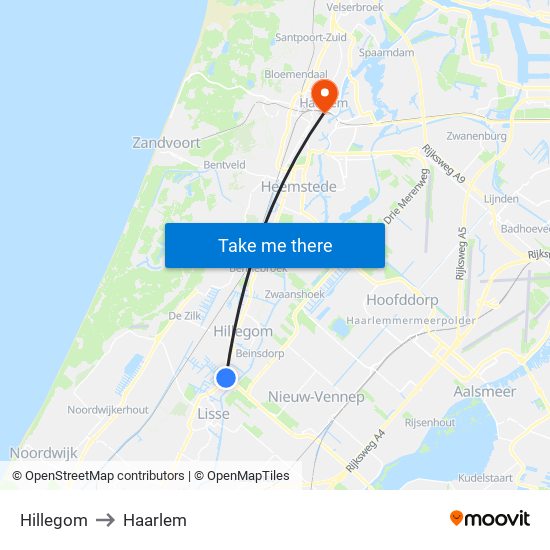 Hillegom to Haarlem map