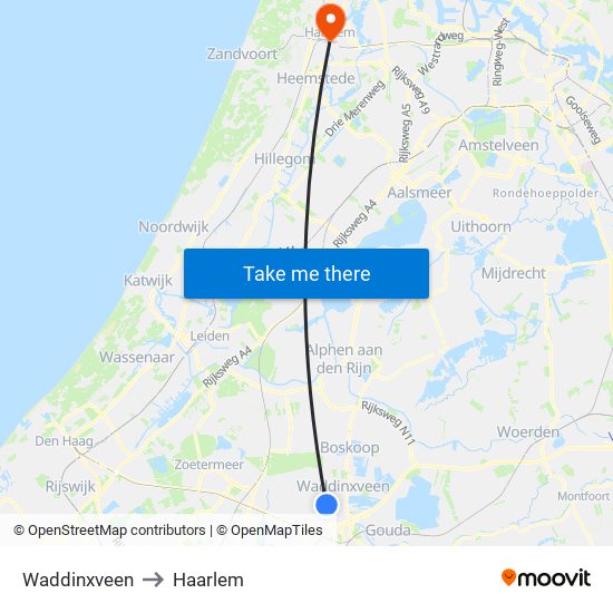 Waddinxveen to Haarlem map