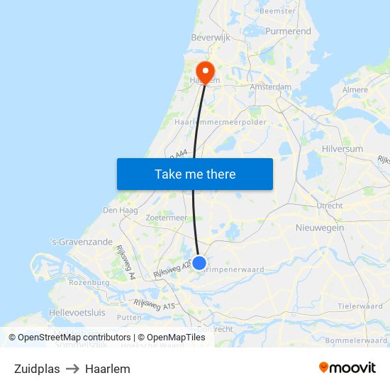 Zuidplas to Haarlem map