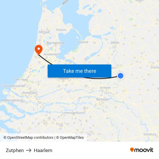 Zutphen to Haarlem map