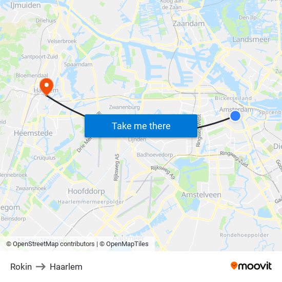 Rokin to Haarlem map