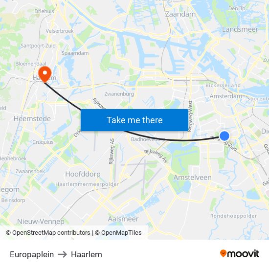 Europaplein to Haarlem map