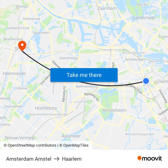 Amsterdam Amstel to Haarlem map