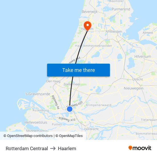 Rotterdam Centraal to Haarlem map