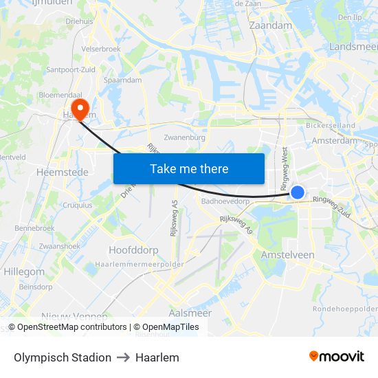 Olympisch Stadion to Haarlem map