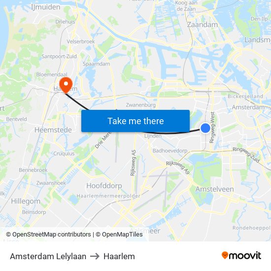 Amsterdam Lelylaan to Haarlem map