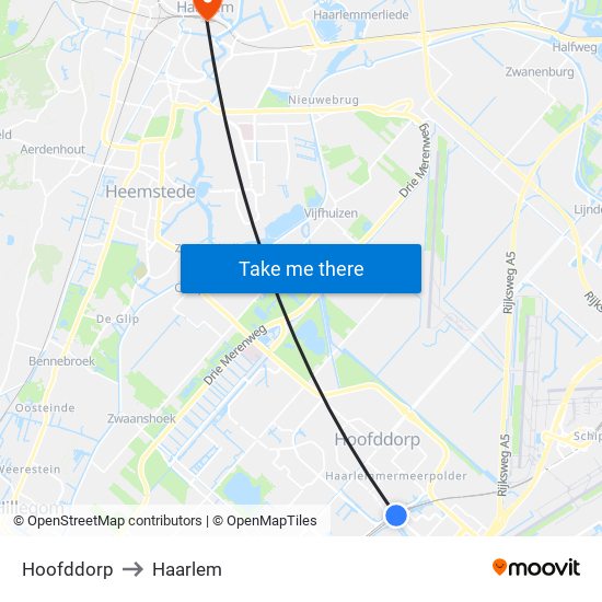 Hoofddorp to Haarlem map