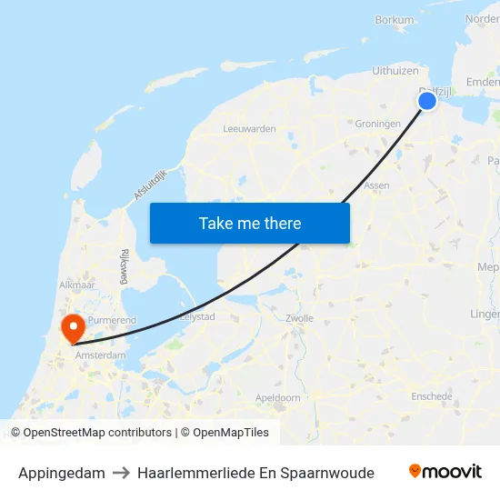Appingedam to Haarlemmerliede En Spaarnwoude map