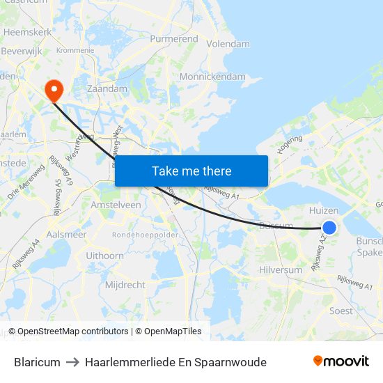 Blaricum to Haarlemmerliede En Spaarnwoude map